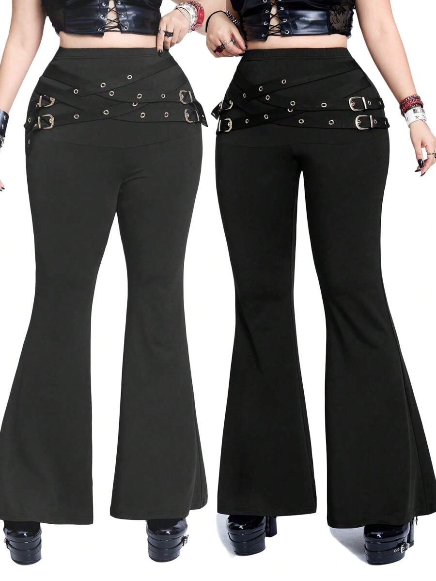 Whyspr Casual Punk Plus Size Fashion Waist Belt Decor Flared Pants - Black - View 1