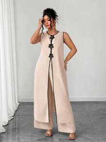 SHEIN LUNE Plus Size Sleeveless Round Neck 2 Pieces Set With 3D Flower Decor, Casual Wear For Outing & Commute - Apricot - View 4