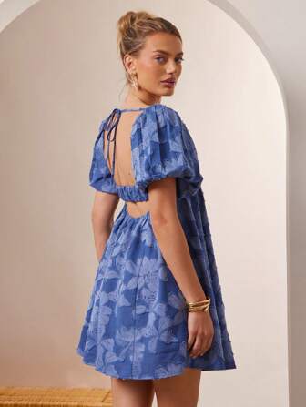 L'Amorae 露背花卉热带泡泡袖娃娃裙夏季迷你太阳裙，女士夏季服装，女士沙滩装