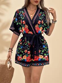 Breezaya Flowers Birds Plus Size Women's Floral Print V-Neck Summer Boho Jumpsuit Tropical Colorblock Floral Print Vacation Fashionable Style