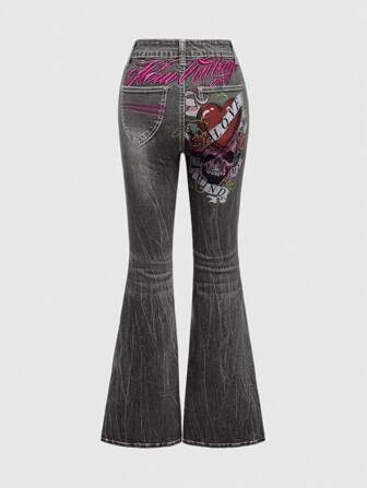 Goth Jeans con parches de bordado de rosas, flores, corazones y esqueleto, en estilo vintage Y2K