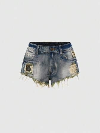 Hippie Shorts di jeans a vita bassa Y2K con dettagli strappati e borchie