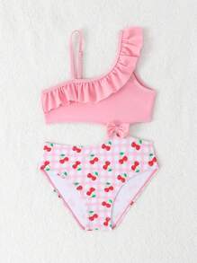 SHEIN Young Girl's Cherry Print Hollow-Out Bandeau One-Piece Swimsuit, Suitable For Beach And Vacation, Summer - Multicolor - View 5