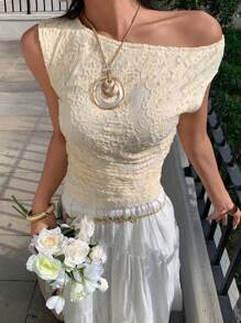 SHEIN Essnce Women Solid Color Lace Asymmetric Neck Elegant Short Sleeve T-Shirt - Apricot - View 3