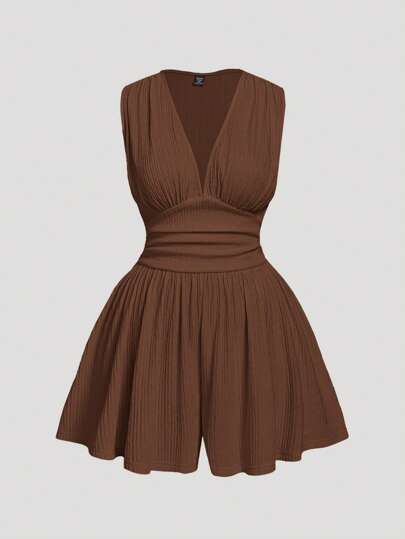 SHEIN MOD V领荷叶边腰短款大码女式连体裤