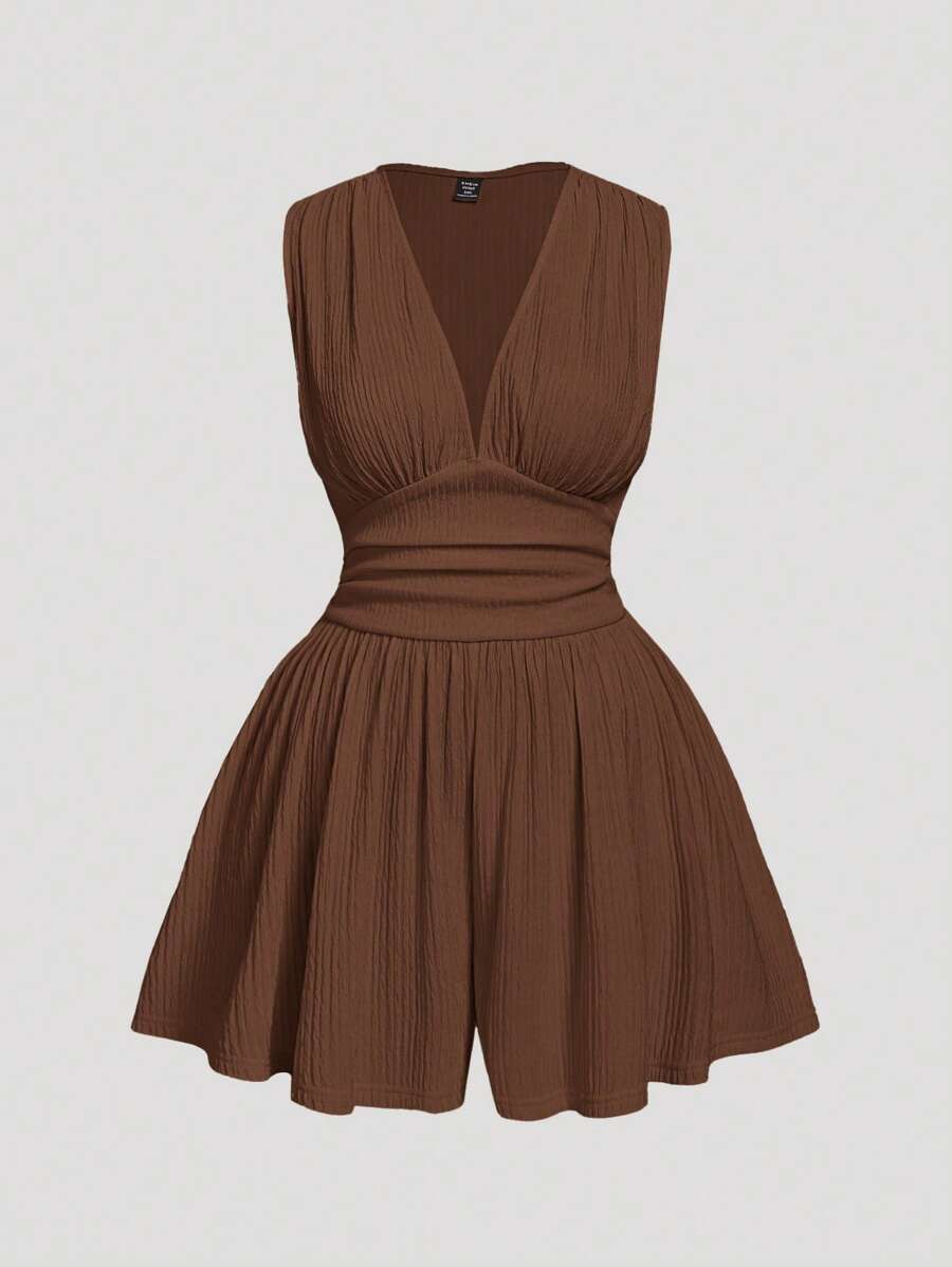 SHEIN MOD V-Neck Ruffled Waist Short Plus Size Women's Jumpsuit - Brown - View 1
