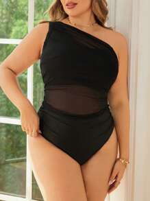 Swim Lushoire 2pcs Plus Size Women Black Mesh Spaghetti Strap High Waist Ruffled Drawstring Bowknot Triangle Bikini Set, Fashionable Minimalist Daily Casual Swimwear For Summer Beach Vacation