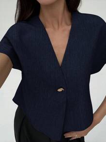 Aloruh Women Simple Single Button Batwing Sleeve Short Sleeve Shirt, Suitable For Commuting In Summer Navy Blue - Navy Blue - View 3