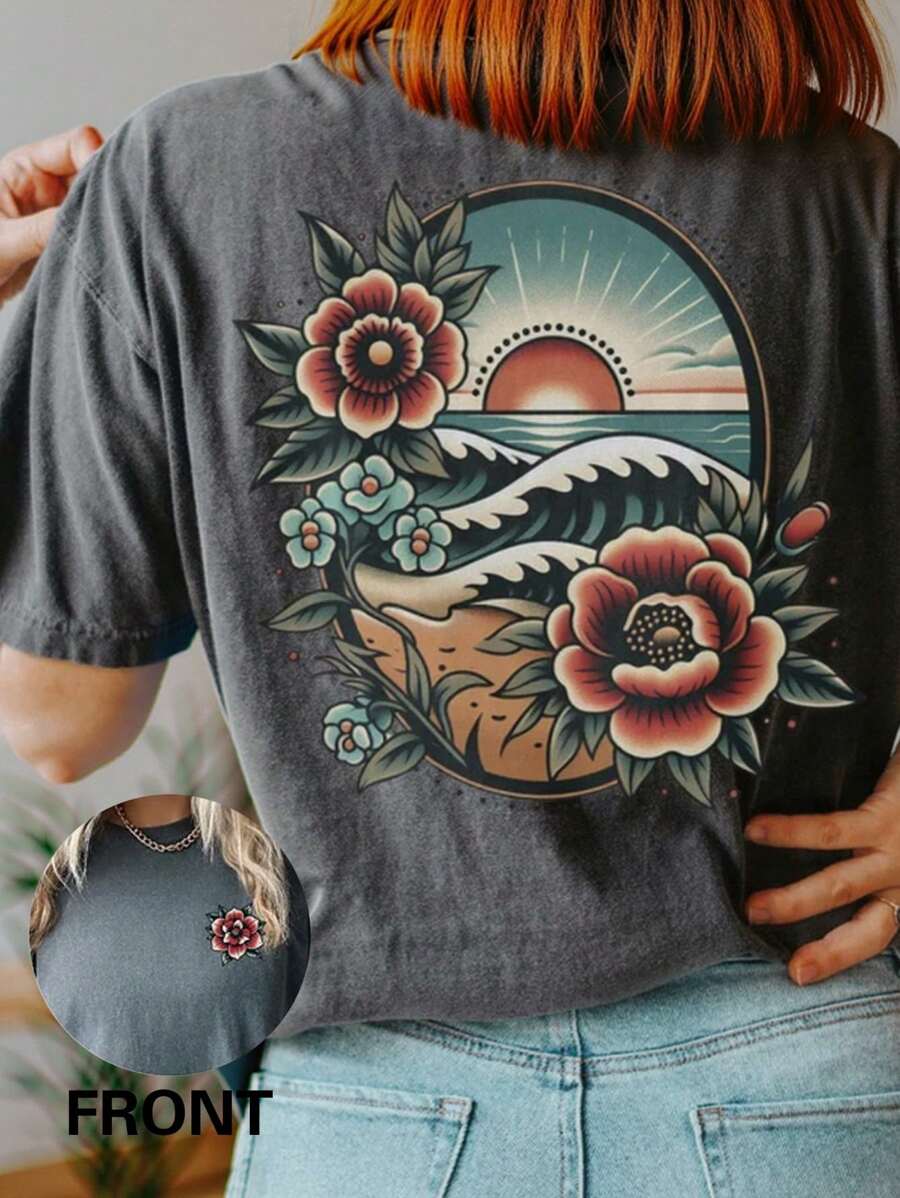 INAWLY Women's Round Neck Printed T-Shirt - Round Neck Casual Top - Lightweight T-Shirt Suitable For All Seasons - Dark Grey - View 1