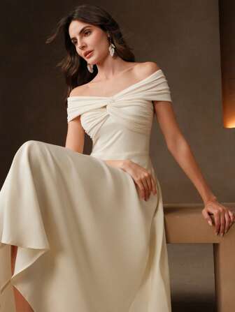 Anewsta Robe élégante et sexy à épaules dénudées avec nœud décoratif, stretch abricot, convient pour le mariage, la remise des diplômes