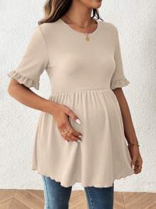 SHEIN Round Neck Ruffle Solid Color Casual Short Sleeve Nursing Top, Summer,Maternity Clothes,Maternity Clothes - Apricot - View 5