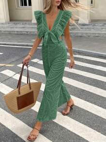SHEIN Frenchy Women's Vacation Elegant Tie Cap Sleeve Waisted Back Deep V Solid Color Fabric Embroidery Straight Wide Leg Jumpsuit Summer Vacation Outfits Women Vacation Outfits Woman Spring Outfits For Women Summer Outfits For Women Wedding Guest Dress Women Rompers For Women Summer European Summer Green - Green - View 5