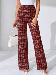 SHEIN Clasi 夏季优雅女士格纹印花弹力针织裤，适合各种场合，适合夏季度假、优雅旅行、日常通勤 - 酒紅色 - 查看 6