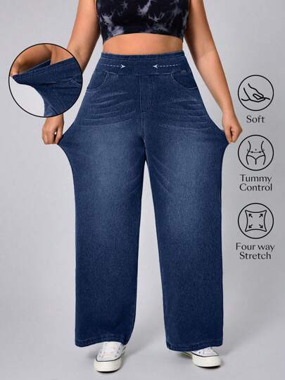 Flexra Plus Size Women Pocket Decor Soft Mid-Blue Wash Stretchy Jeans