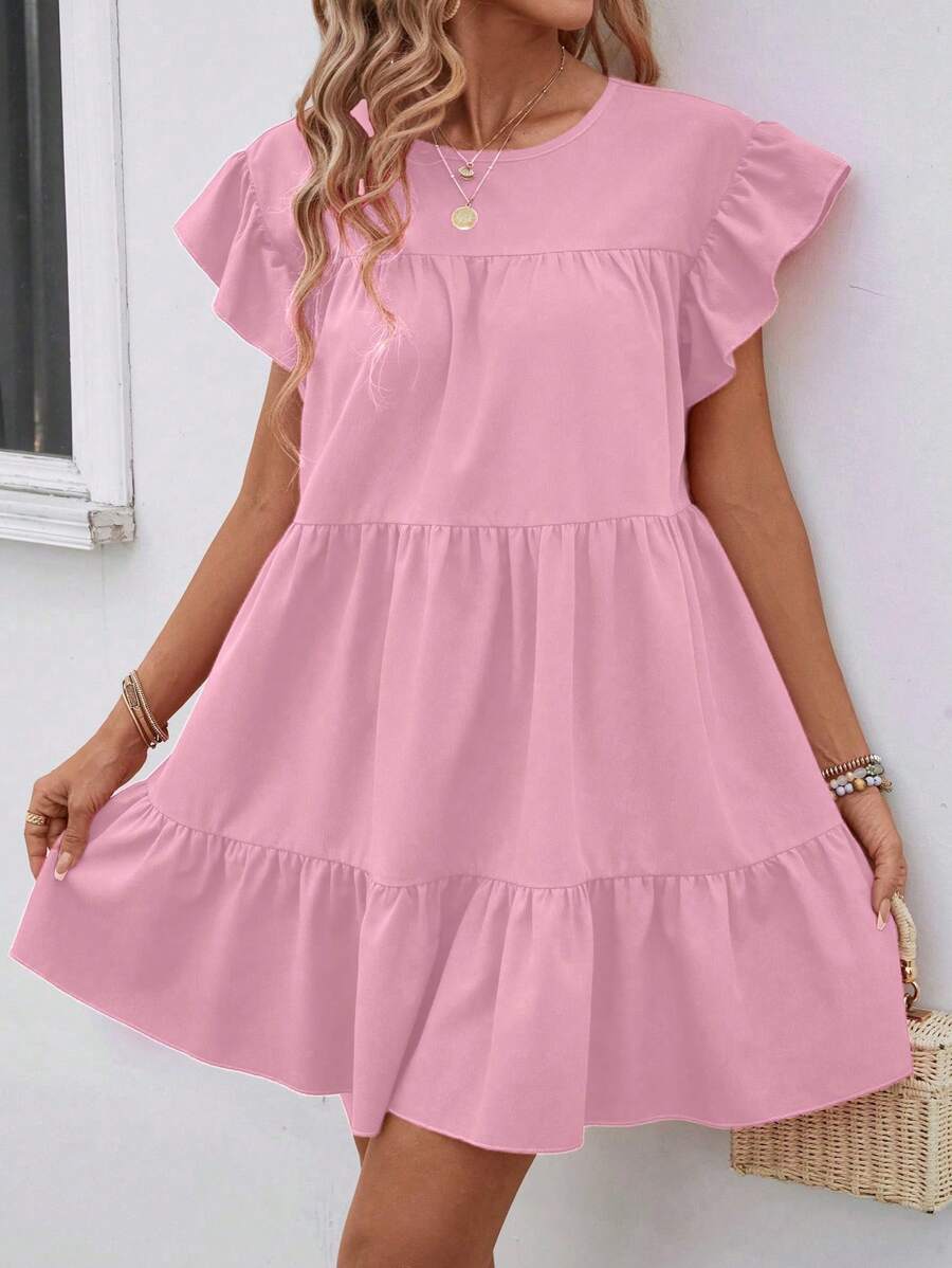 Breezaya Đầm babydoll rộng rãi cổ tròn màu trơn mùa hè cho nữ có viền bèo nhún trang phục đi biển - Hồng - Xem 1