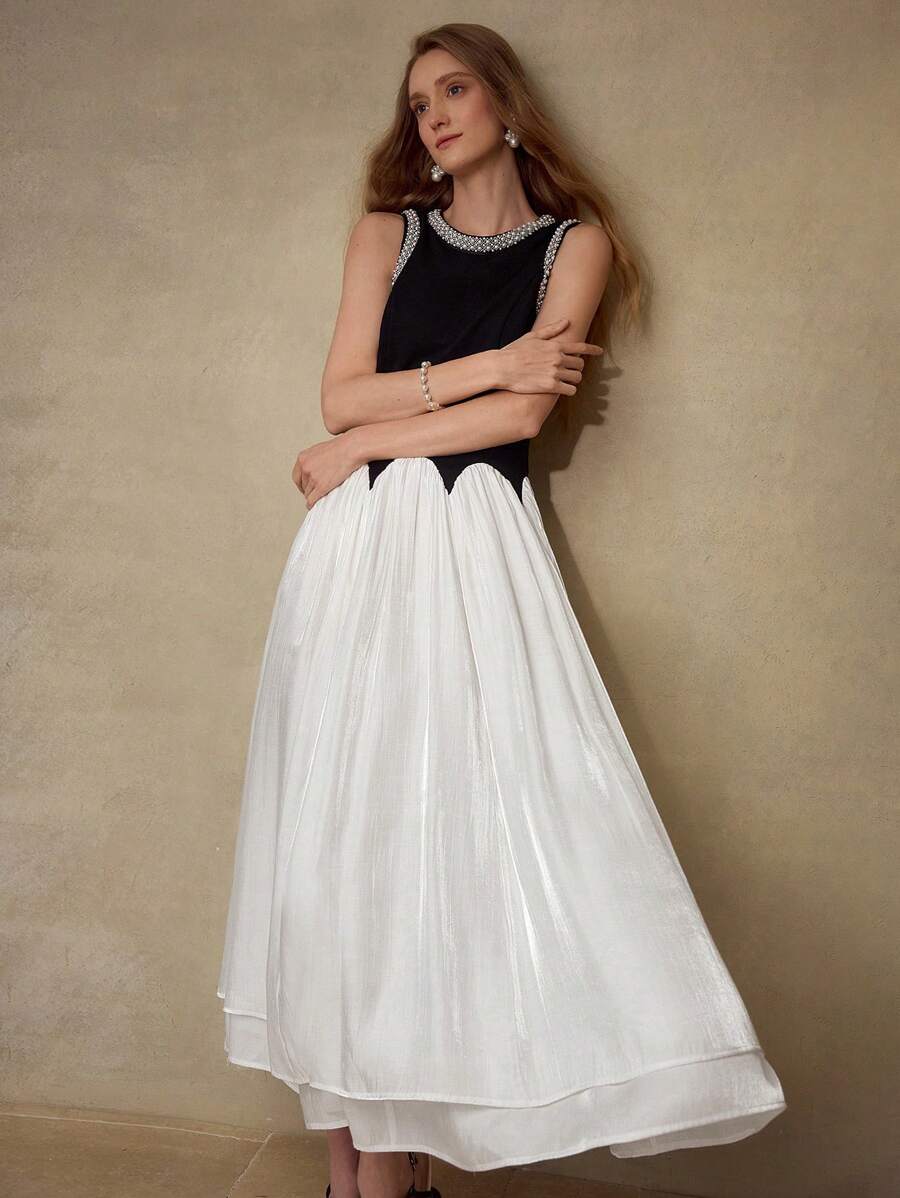 MOTF 仿珍珠串珠褶饰连衣裙 - 黑與白 - 查看 1