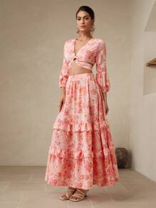 Swim Oasis Women's Multi-Layer Frill Trim A-Line Floral Print Skirt Fall Cloth For Women - Pink - View 5