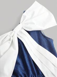 SHEIN Tween Girls' Fashionable Soft Y2k White Bowknot Blue Loose Fit Denim One-Shoulder Jumpsuit Overalls Shorts For Tween Girl Clothes Boy Costume Dailywear Streetwear And The Four Seasons Tween Girl Clothes - Medium Wash - View 4