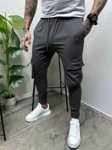 Manfinity Homme Dark Grey Men's Drawstring Waist Skinny Jogger Pants,Solid Color Casual & Stylish Cargo Men Clothes,Autumn Streetwear Gym Joggers For Men - Dark Grey - View 2