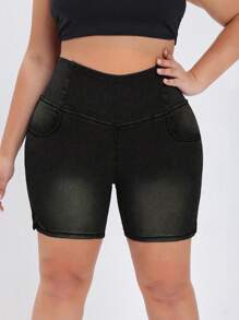 Flexra 大码女式休闲弹力针织牛仔短裤，深水洗蓝色，带口袋 - 黑色 - 查看 7