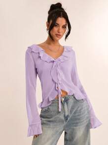 SHEIN BAE 女士春季优雅透明荷叶边喇叭袖雪纺衬衫，适合浪漫约会、女友聚会、度假活动和休闲外出