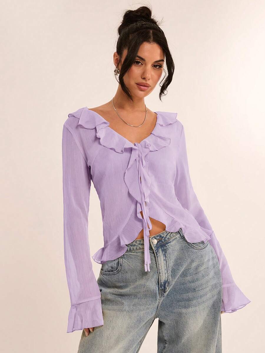 SHEIN BAE 女士春季优雅透明荷叶边喇叭袖雪纺衬衫，适合浪漫约会、女友聚会、度假活动和休闲外出