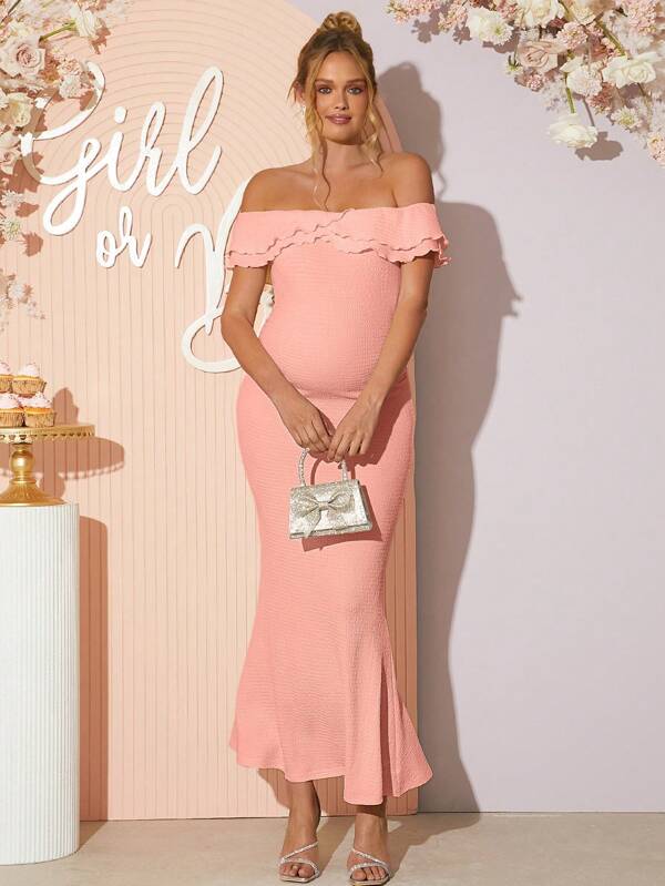 Loomaby Umstandsmode Off-Shoulder einfarbiges Kleid, Mode für den Sommer