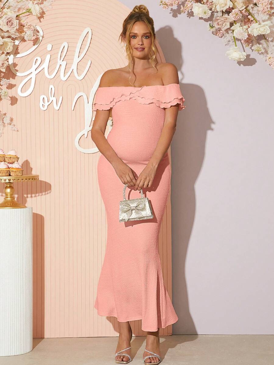 Loomaby Maternity Off Shoulder Solid Color Dress, Fashion For Summer - Pink - View 1