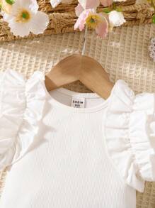 SHEIN Nyfödda Babyflickor Söt Vit Volang Bodysuit, Avslappnad Sommar - Vitt - Visa 4