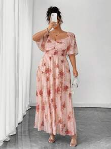 SHEIN Clasi 大码女式玫瑰印花雪纺常规春夏优雅短袖粉色连衣裙