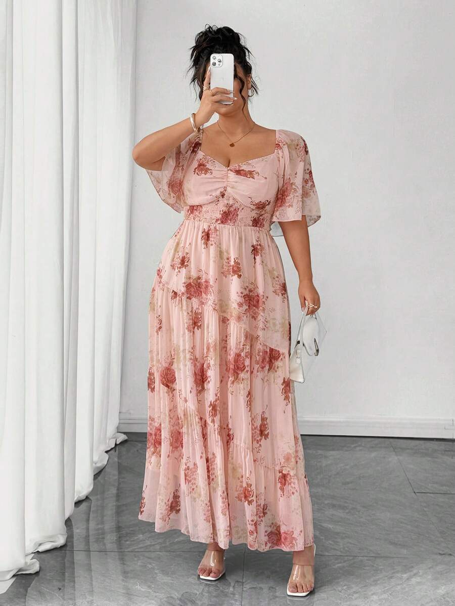 SHEIN Clasi 大码女式玫瑰印花雪纺常规春夏优雅短袖粉色连衣裙