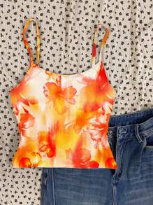 Teens Girls Floral Print Cropped Spaghetti Strap, Summer - Orange - View 2