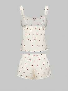 ROMWE Kawaii Summer Pastoral Sweet Cherry All-Over Print Ruffle Trim Bow Casual Ladies Pajama Set - Multicolor - View 2