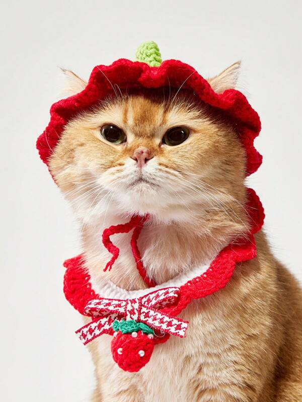 PETSIN Cute Red Strawberry Pet Knitted Scarf Bib, Adorable Pet Accessories Bandana