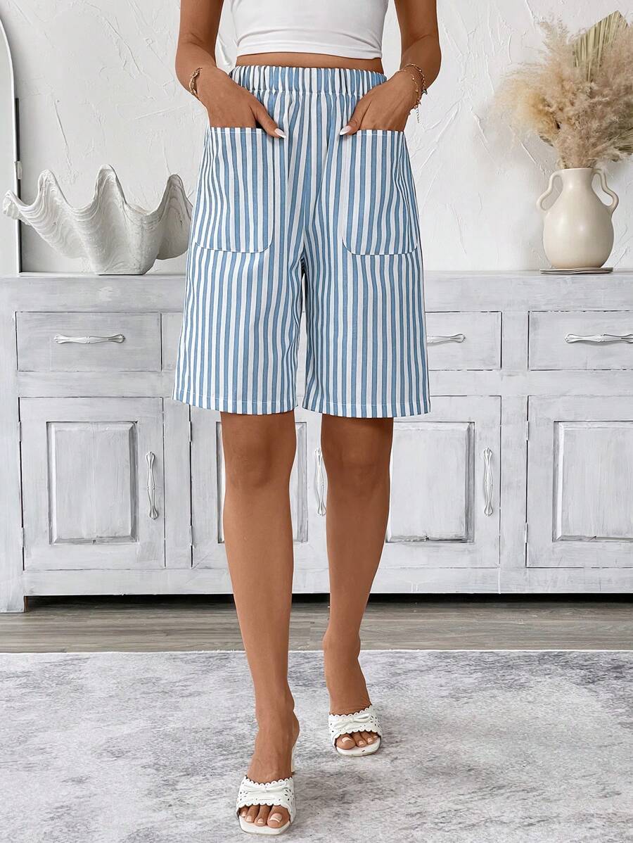 SHEIN LUNE 女士休闲条纹口袋百慕大及膝短裤 - 淺藍色 - 查看 1