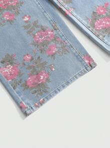 ROMWE Fairycore 复古花卉印花水洗宽松阔腿牛仔裤，夏季女士 - 粉色 - 查看 3