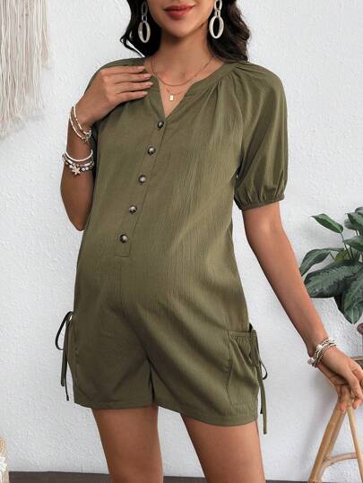 SHEIN Maternity Solid Color Wood Texture Button Pleated Pocket Jumpsuit, Summer