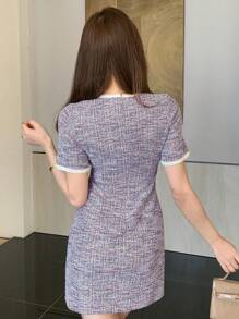 DAZY Đầm nữ mùa hè mới kẻ sọc cổ tròn tay ngắn thanh lịch, Đầm mini - Màu tím - Xem 2