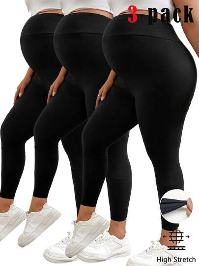 SHEIN Plus Size Women's Solid Color Adjustable Waist Maternity Leggings