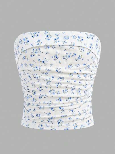 SHEIN Girlism Tween Girls Casual Vacation Home Fresh Ditsy Floral Ruched Sleeveless Slim Fit Knitted Ribbed Camisole