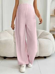 SHEIN Maternity Solid Color Adjustable Waist Wide Leg Loose Casual Pants Women Pants Wide Leg Women Wide Leg Pants Summer Outfits For Women - Pink - View 3
