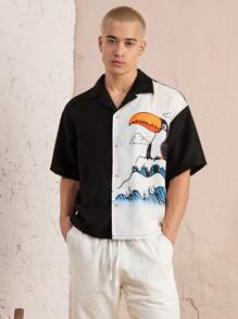 Manfinity Unisex Multi-Size Contrast Color Lapel Short Sleeve Loose Fit Men Shirt
