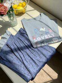 Dazy Plus Cartoon Print Loose Short Sleeve Top & Pants Ruffle Trim Casual Pajama Set - Grey - View 9