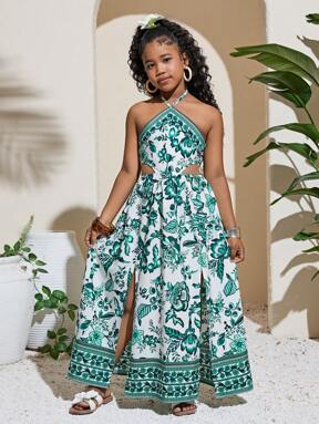 SHEIN Tween Girls Floral Print Backless High Slit Cutout Waist Maxi Beach Vacation Halter Dress