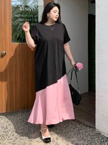 Dazy Plus Color Block Round Neck Short Sleeve A-Line Long Dress, Summer - Black - View 4