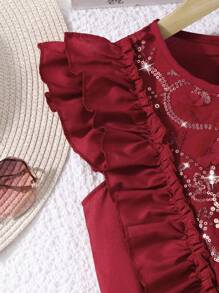 SHEIN Tween Girl Wine Red Woven Dress, With Sequins Embroidery Splice On Front Chest, Cap Sleeves, Ruffle Front, Elegant And Vintage, Suitable For Ball And Party