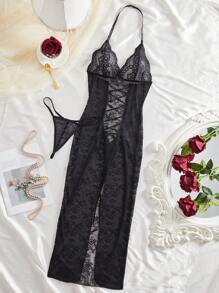 2件套性感蕾丝透明露背系腰高开衩长裙外出装