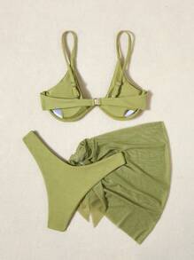 Swim Vcay Women's Solid Color Halter Tie Sexy Bikini Set With Cover-Up And Skirt, 3-Piece, Padded For Summer Beach Vacation - Olive Green - View 2