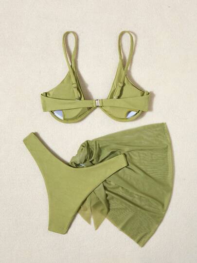 Swim Vcay Conjunto de bikini de 3 piezas con Top con cierre al cuello, Bottom sólida, sexy, y cobertor con falda, acolchado