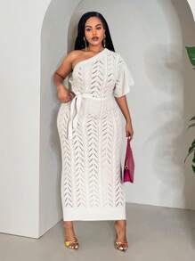Slaydiva 1pc White Textured Knit One-Shoulder Bodycon Long Dress - White - View 1